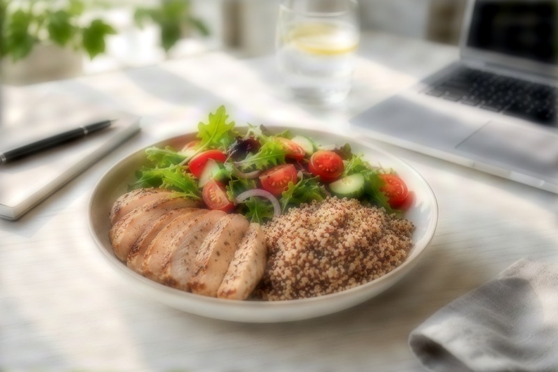 Plato equilibrado con ensalada, cereales integrales y proteína sobre una mesa de trabajo