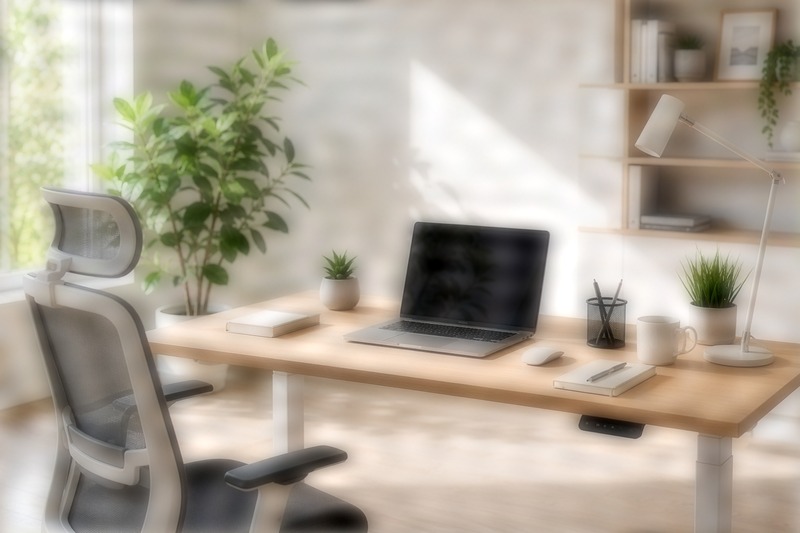 Escritorio ergonómico con portátil, silla ajustada y una planta, en un espacio luminoso